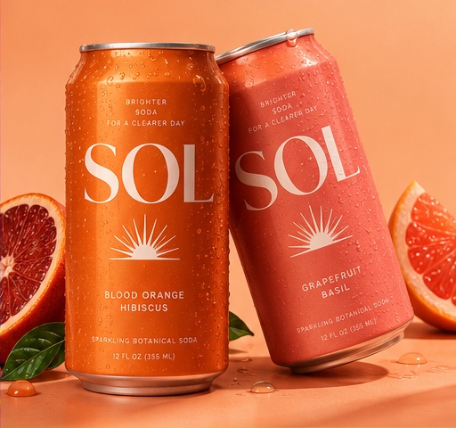 Orange and coral Sol Soda packaging concept